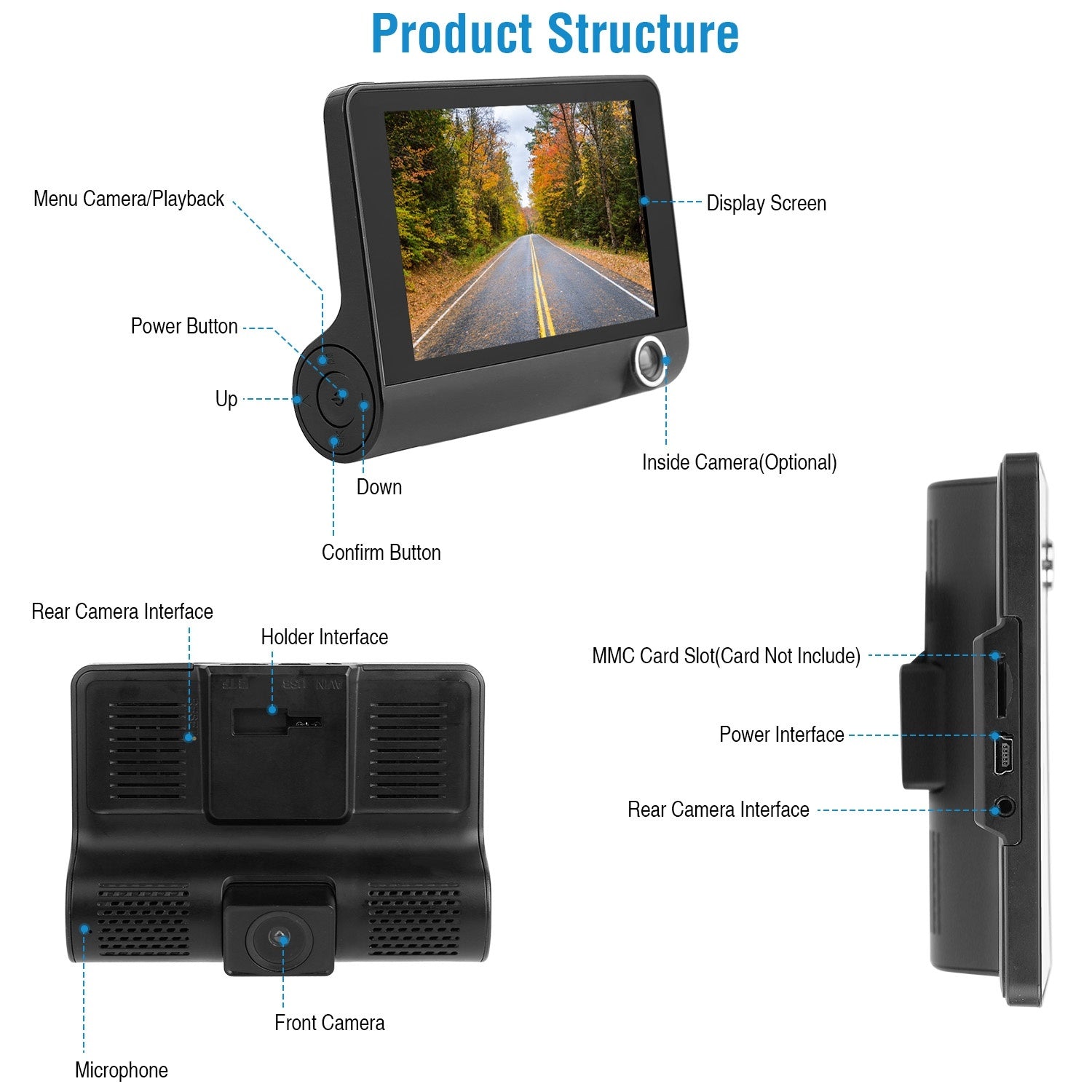 Car DVR Dash Camera 4In 3 Lens Vehicle