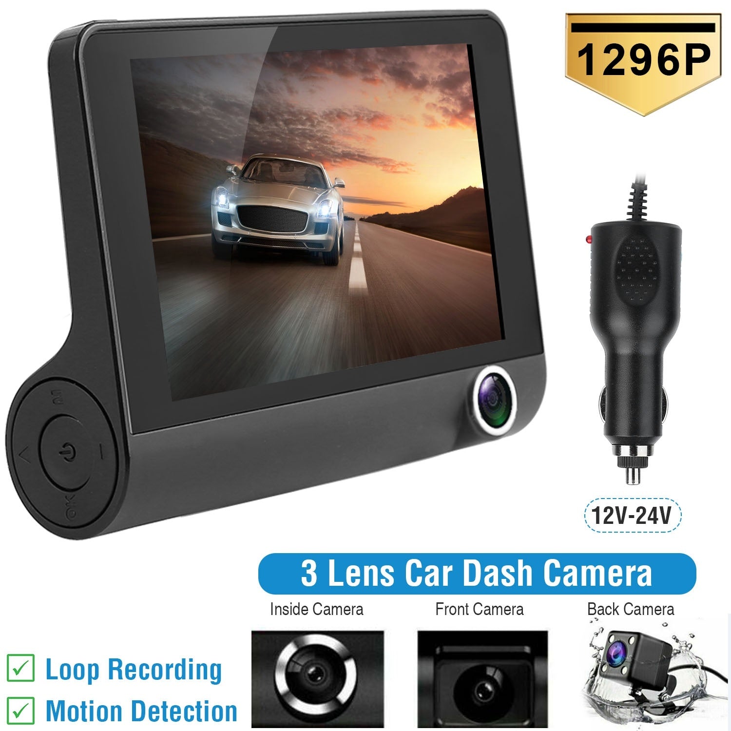 Car DVR Dash Camera 4In 3 Lens Vehicle