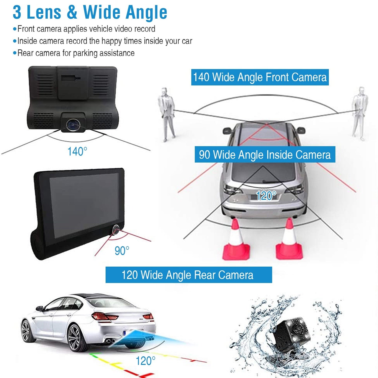 Car DVR Dash Camera 4In 3 Lens Vehicle