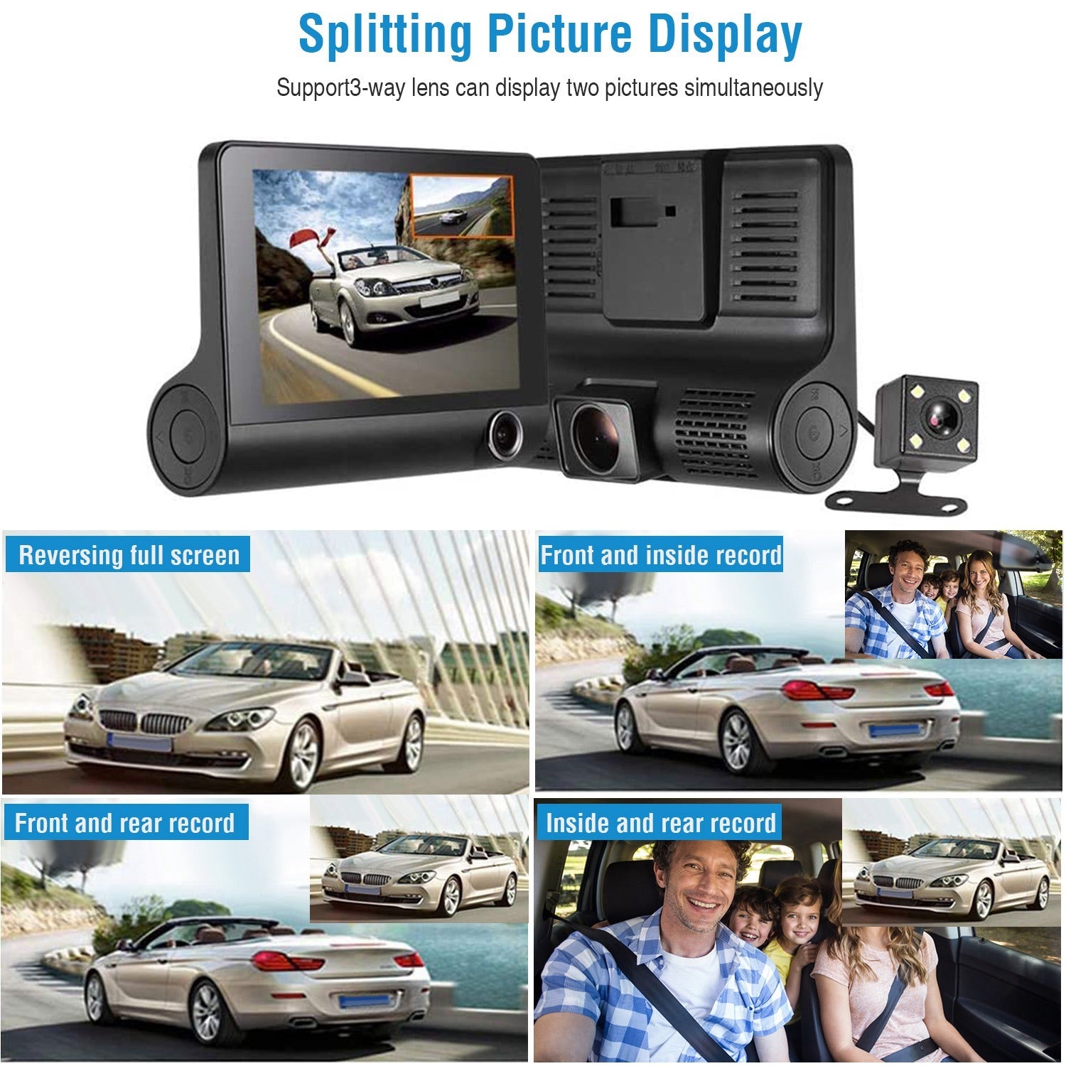 Car DVR Dash Camera 4In 3 Lens Vehicle